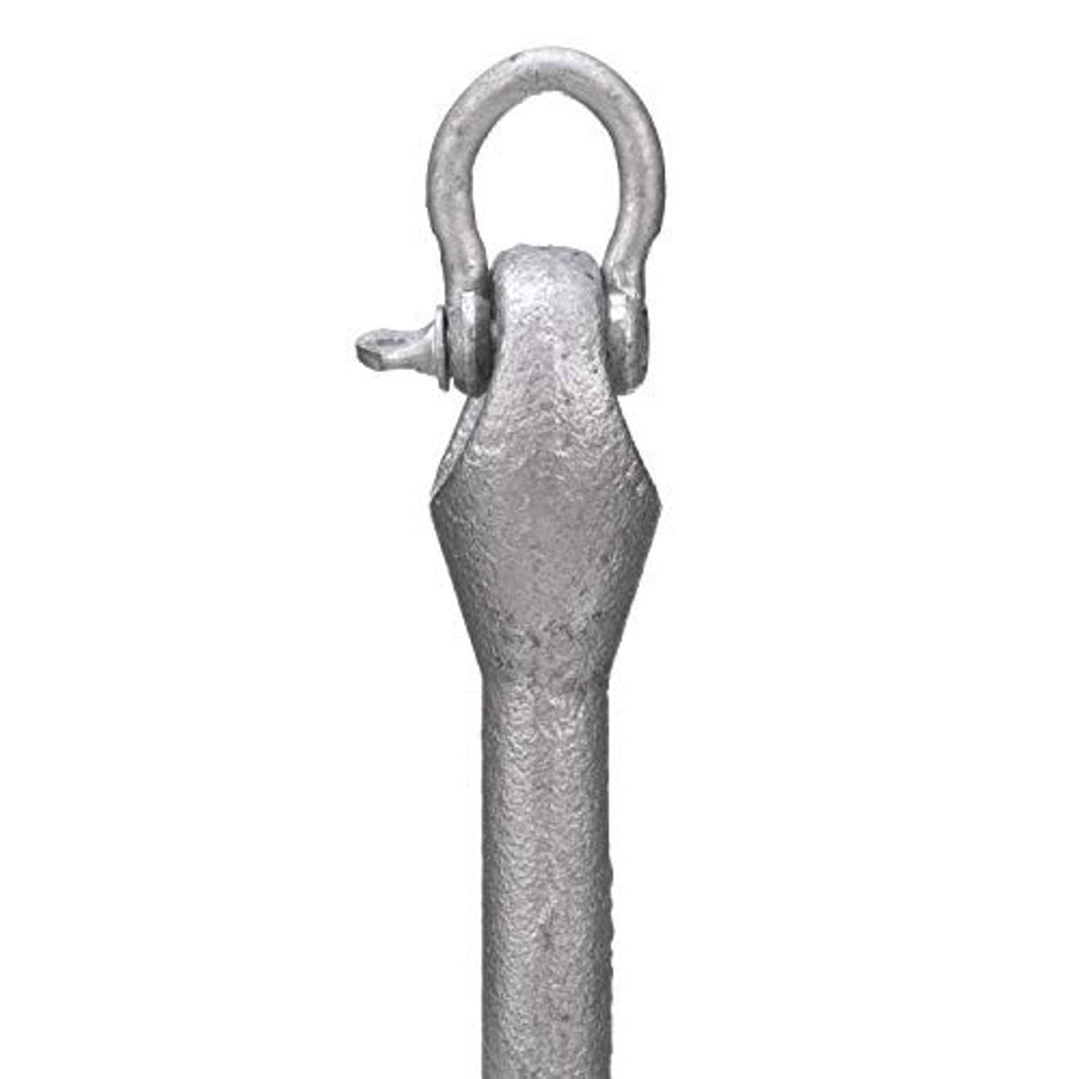Folding grapnel anchor close-up of top shank and lifting ring, silver-gray textured metal