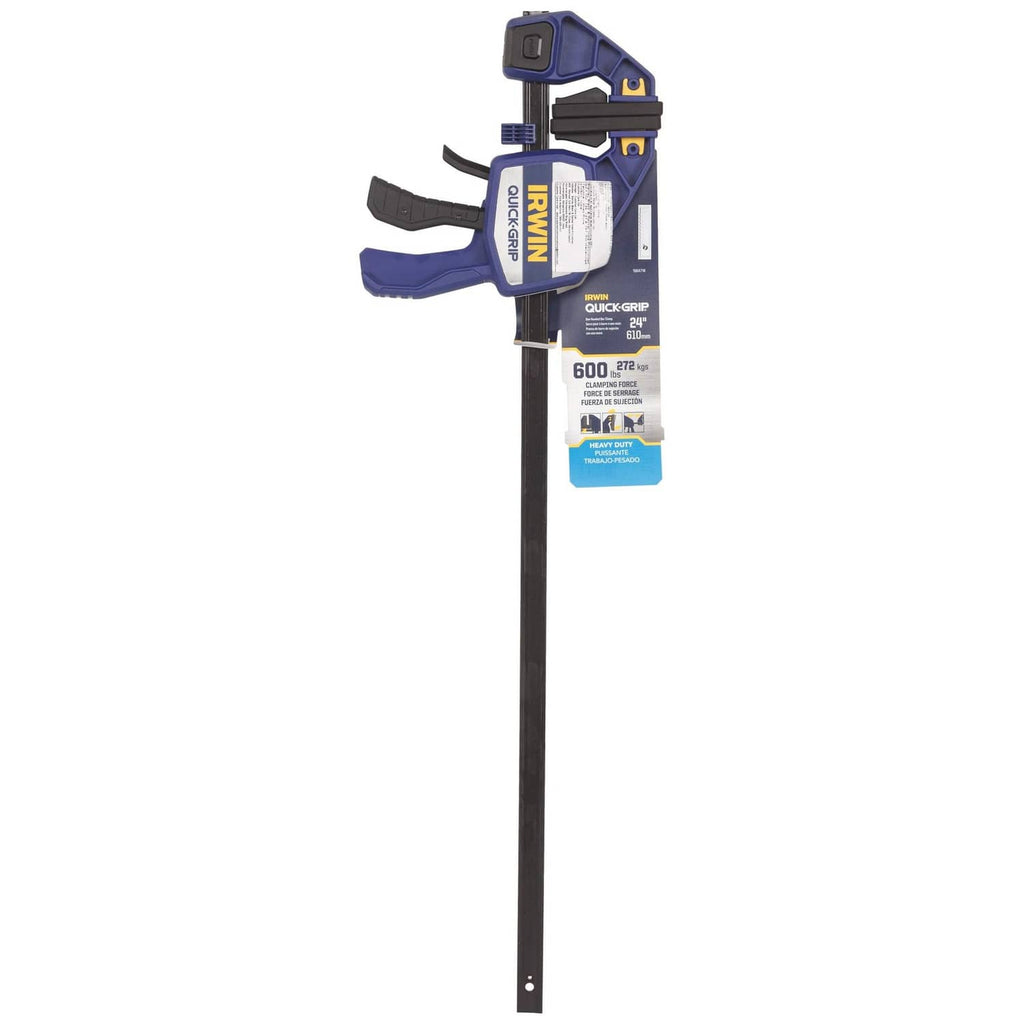 Irwin one-handed bar clamp with blue handles and black bar, hanging product tag attached.