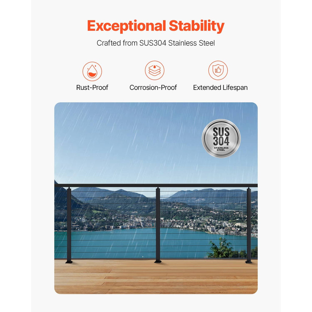 Black stainless steel cable railing posts with horizontal rail across balcony