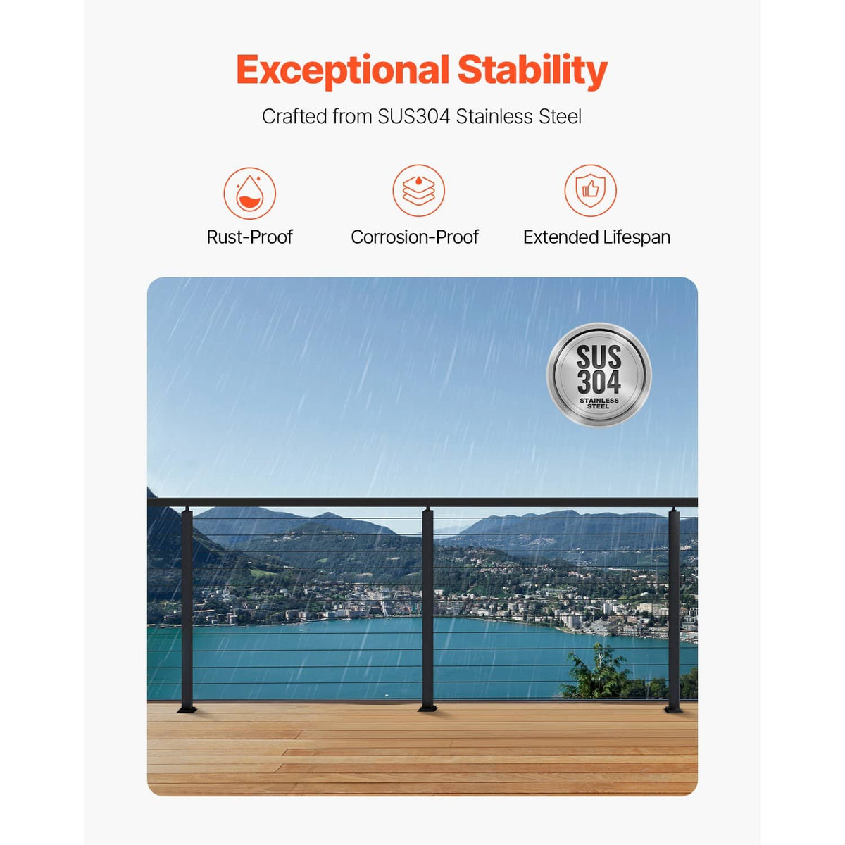 Black stainless steel cable railing posts with horizontal rail across balcony