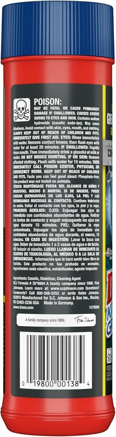 Drain clog remover granules bottle back label with barcode and safety text