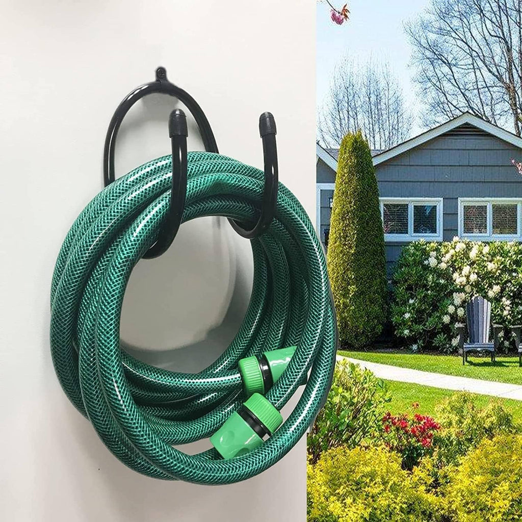 Black wall-mount hose hanger holding teal garden hose coil on two hooks