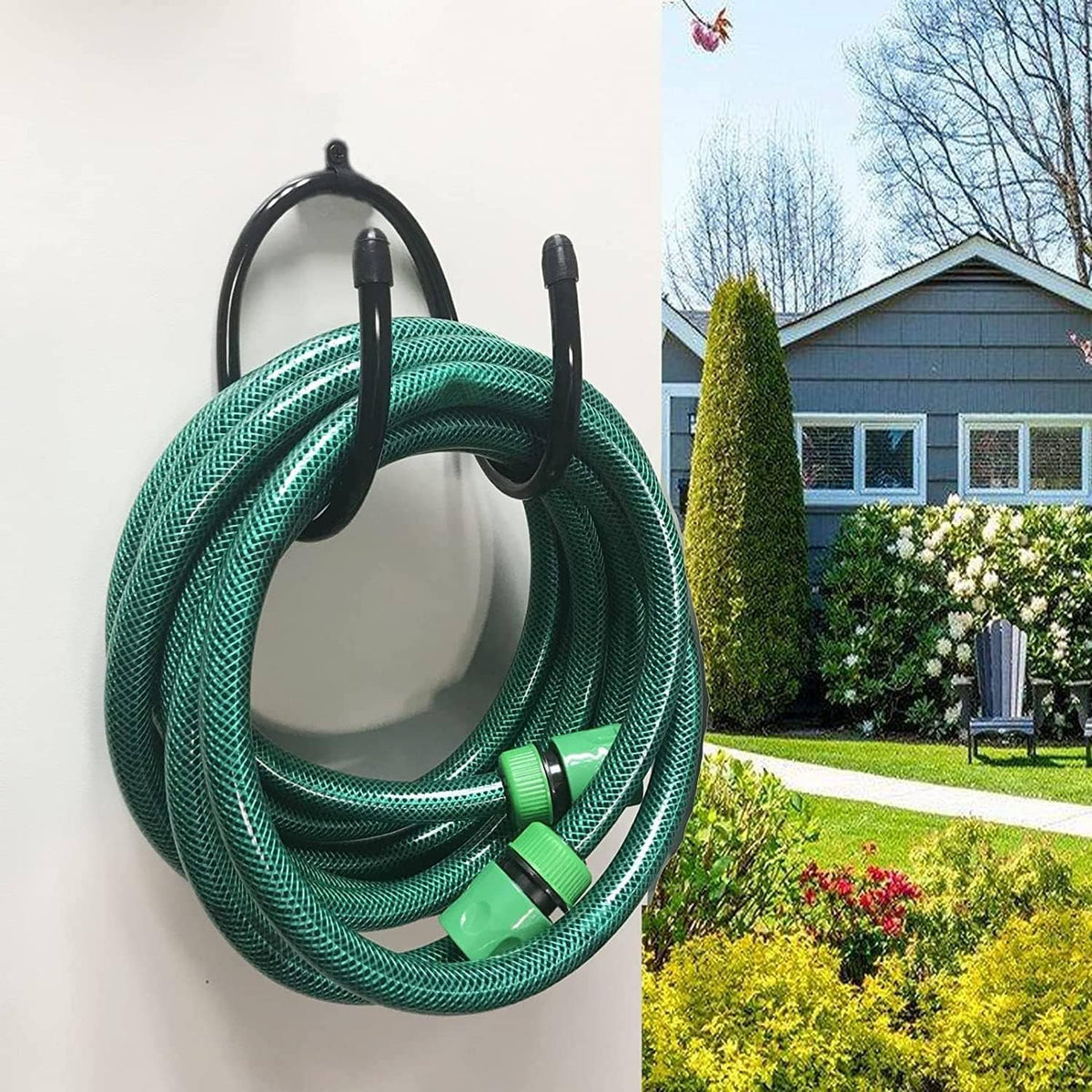 Black wall-mount hose hanger holding teal garden hose coil on two hooks