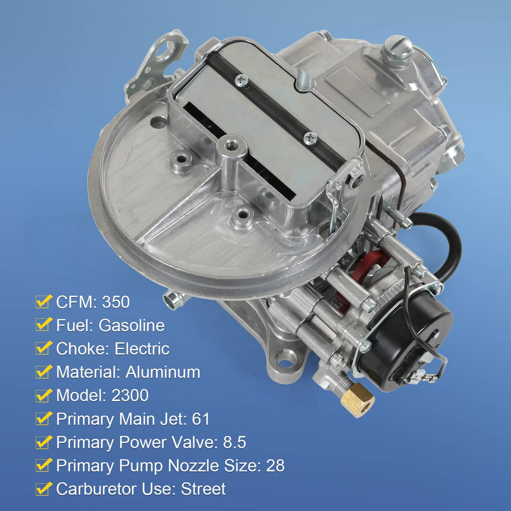 Metal two-barrel carburetor unit with electric choke housing and fuel line fitting