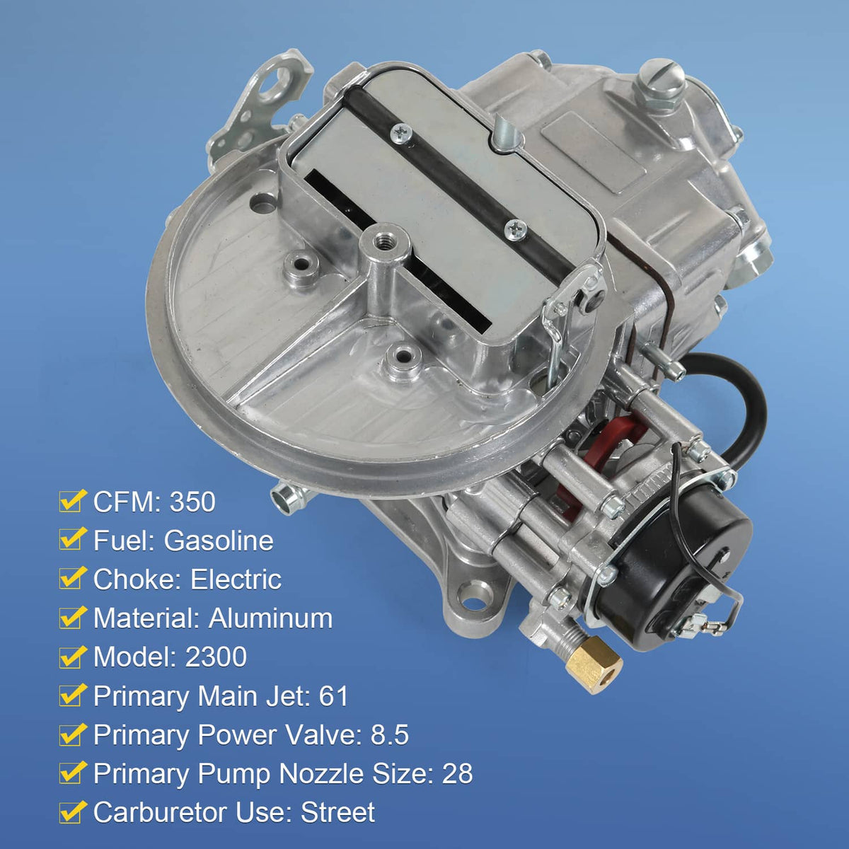 Metal two-barrel carburetor unit with electric choke housing and fuel line fitting
