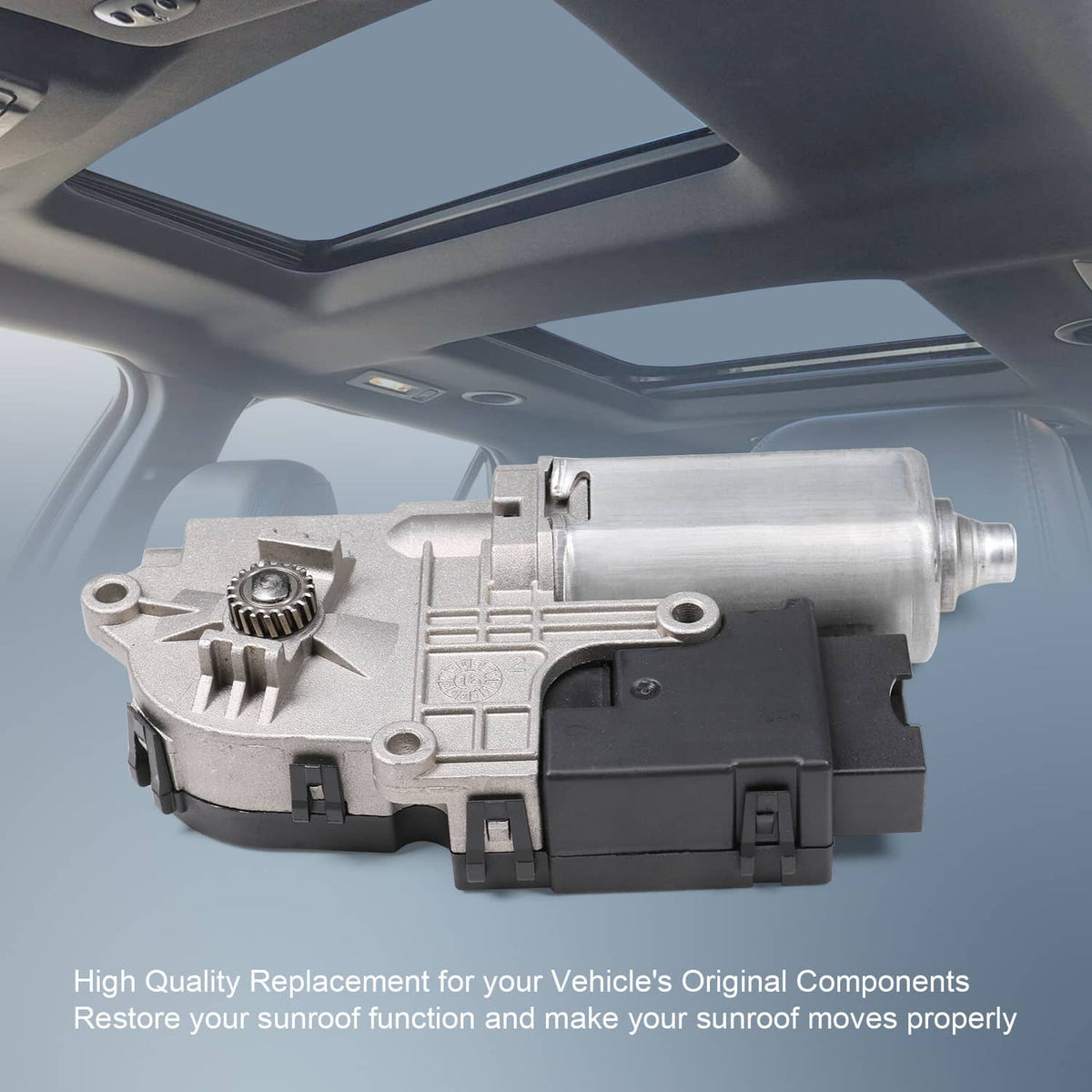 Sunroof moon roof motor with silver cylinder and black control module, shown with vehicle fit