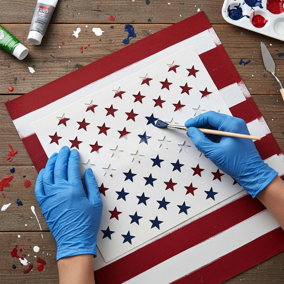 Star stencil template over a red-white-blue craft panel with star cutouts