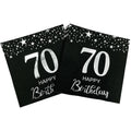 Black 70th birthday napkins with star pattern and silver “70 Happy Birthday” text