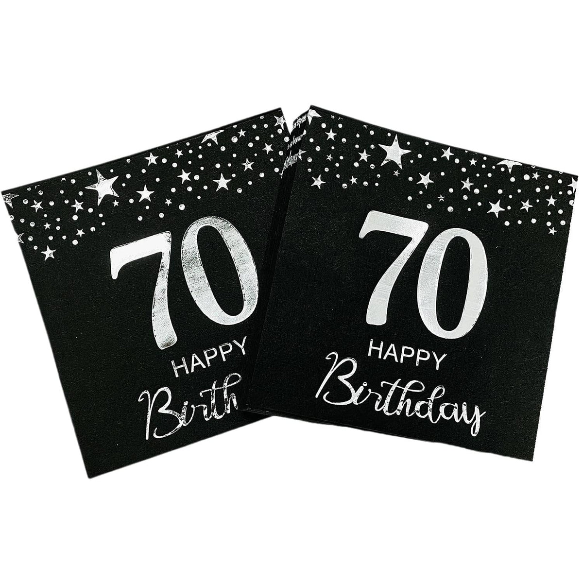 Black 70th birthday napkins with star pattern and silver “70 Happy Birthday” text