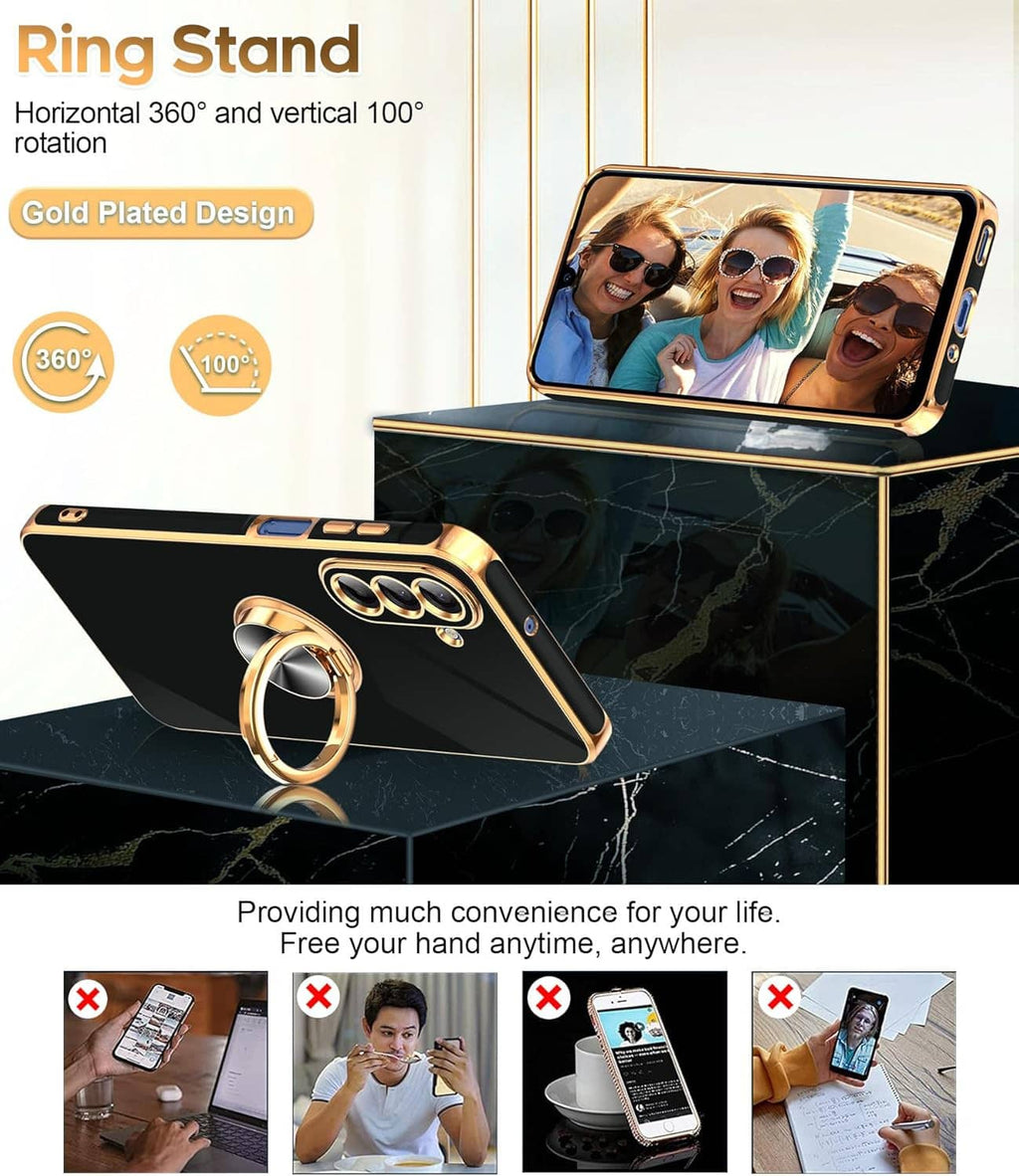 Gold-plated ring stand phone case with 360° rotation and 100° vertical tilt