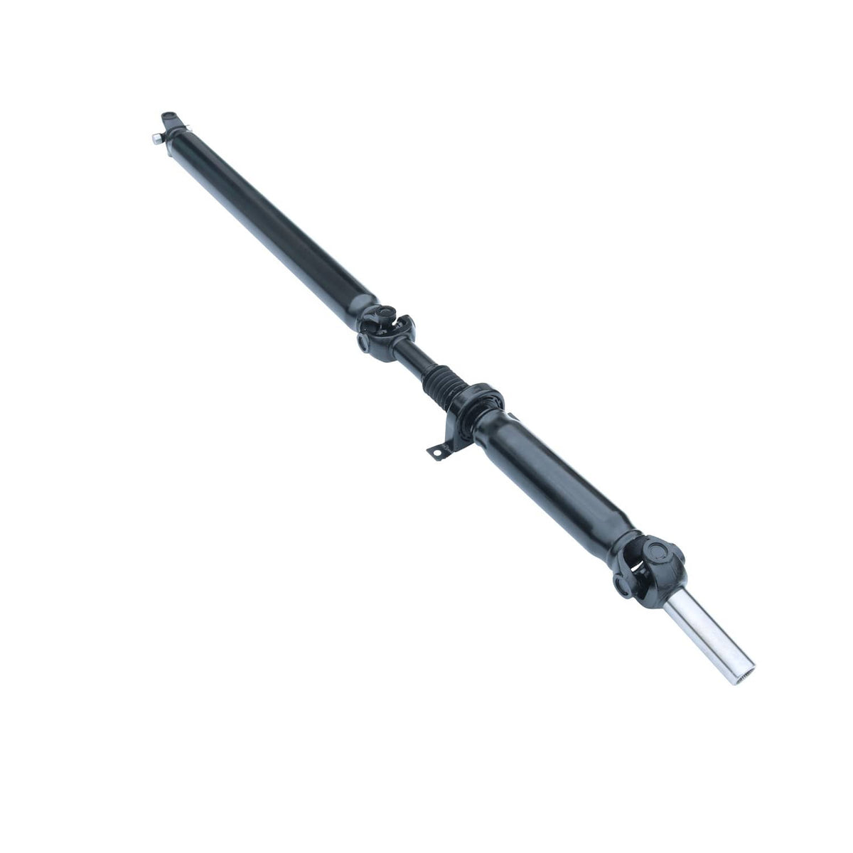 Rear driveshaft prop shaft assembly with black tube and U-joint coupling, angled view