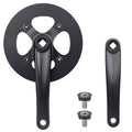 Black bike crankset with 42-tooth chainring and crank arms, includes mounting bolts