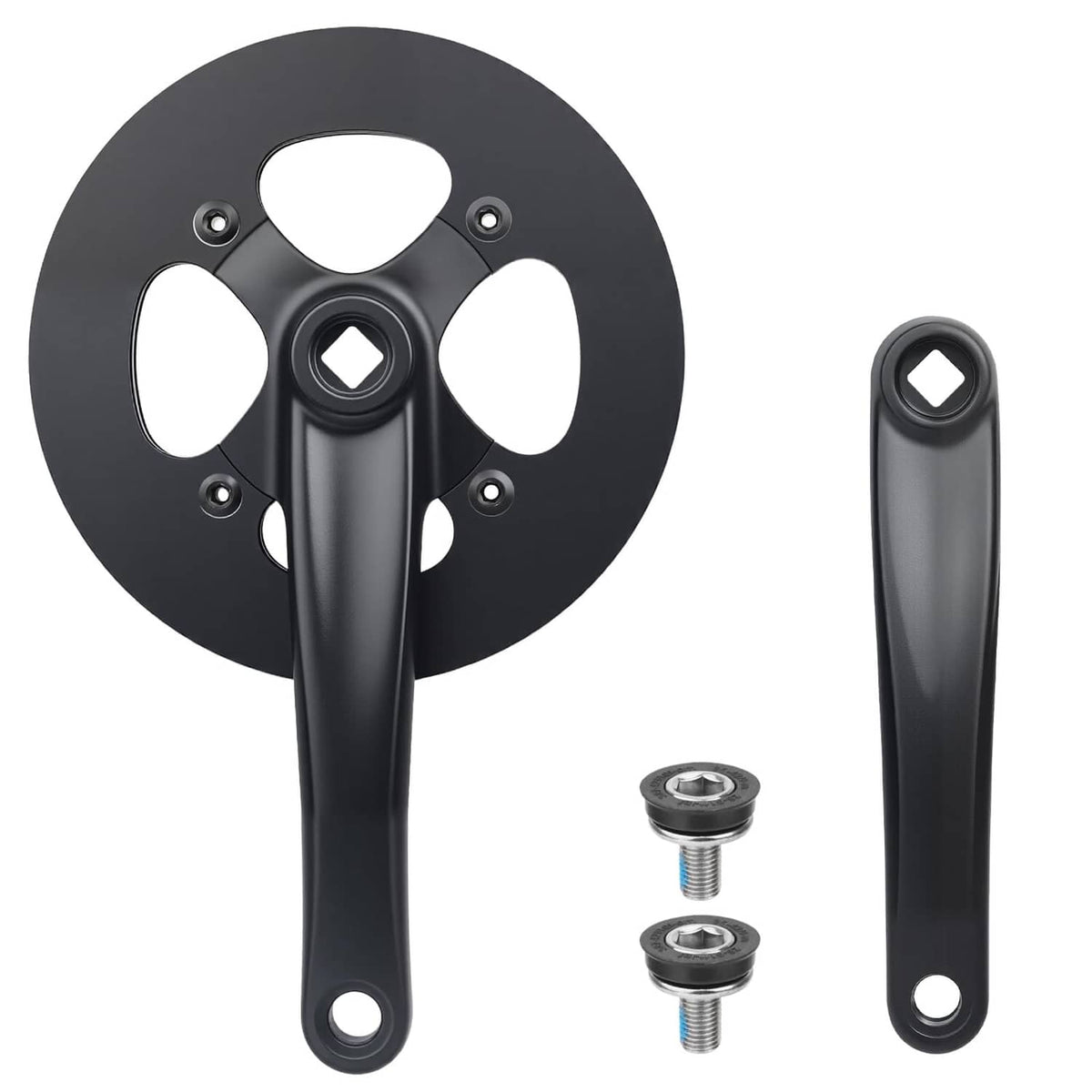 Black bike crankset with 42-tooth chainring and crank arms, includes mounting bolts