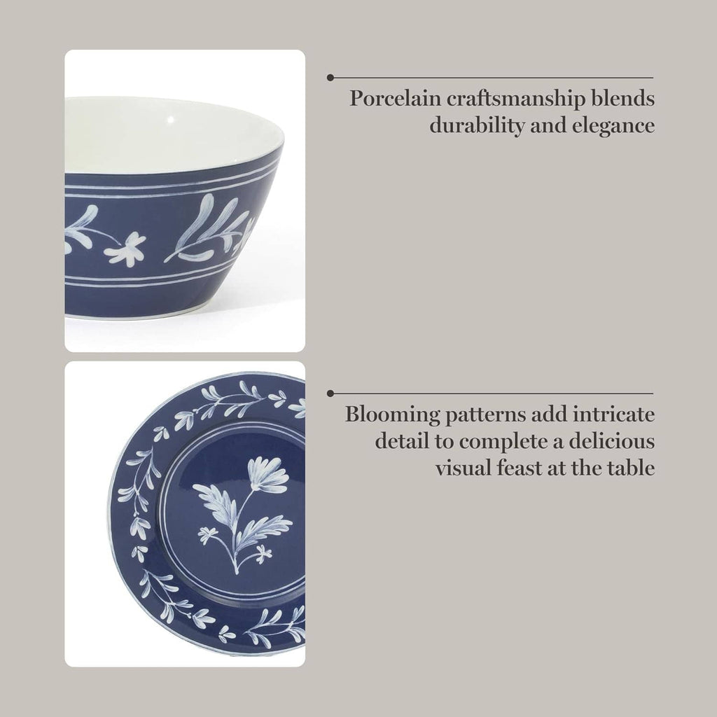 Dark blue cereal bowl with white floral vine trim and a cream inner rim