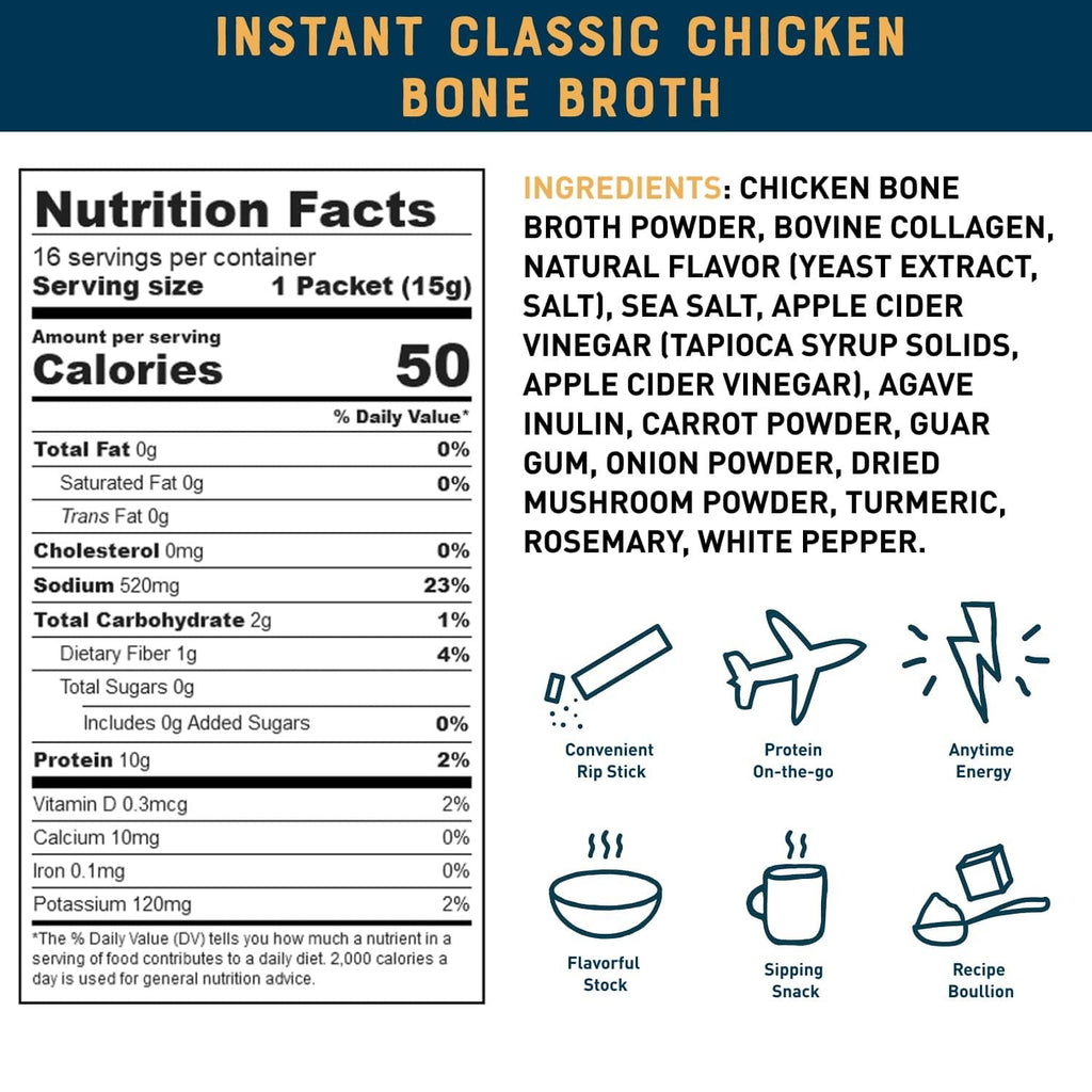 Instant bone broth powder packet showing Nutrition Facts and ingredients panel