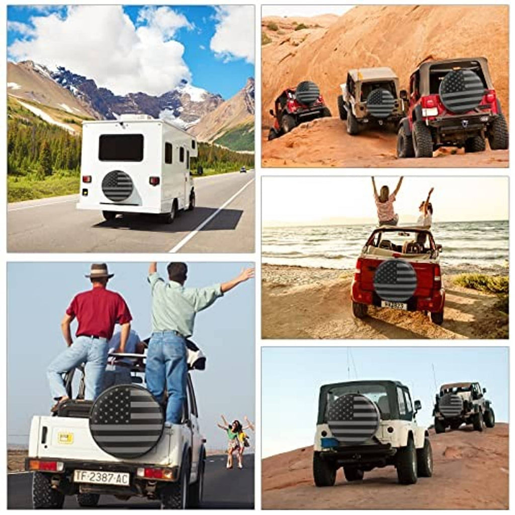Spare tire cover shown on RV trailers in multiple outdoor driving scenes