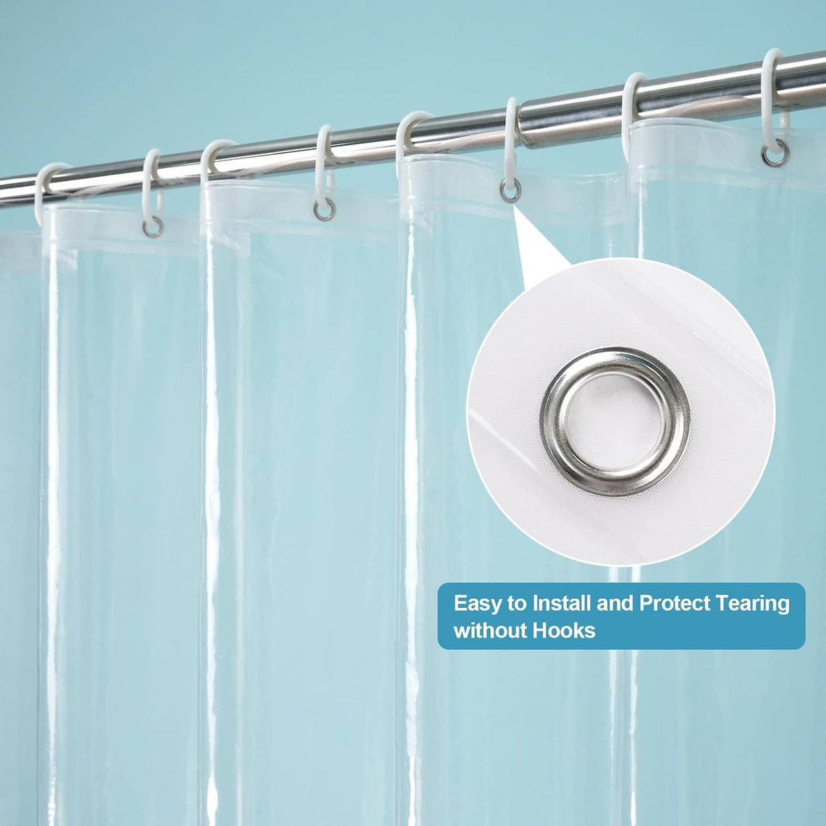 Clear shower curtain liner with top eyelets and included rings for easy install
