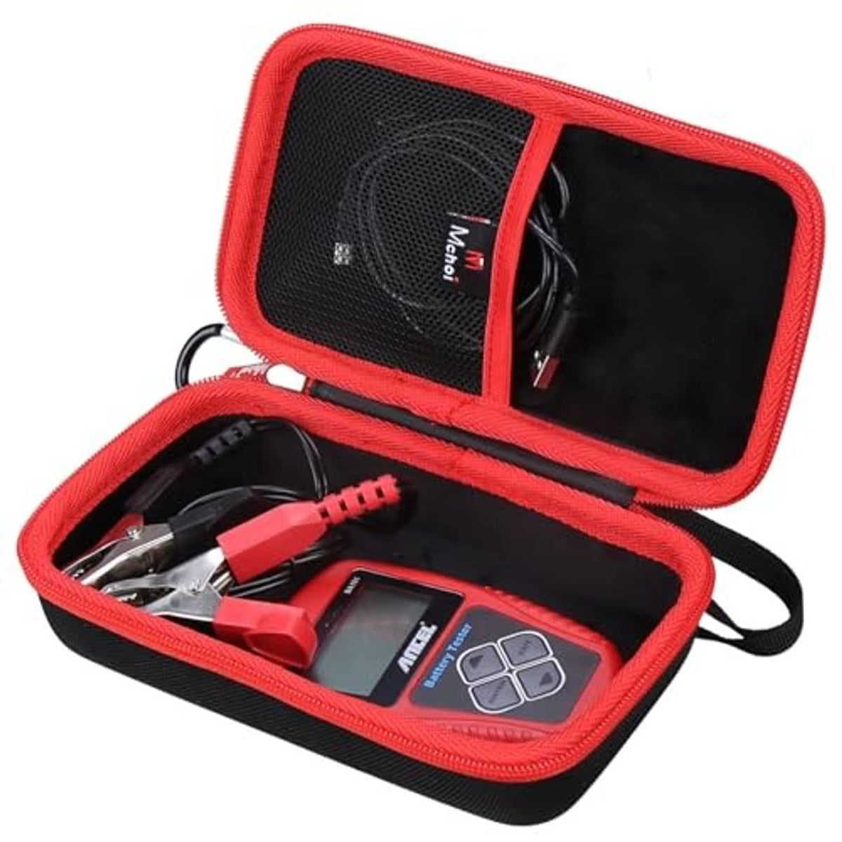 Red and black shockproof hard case with lid open, padded mesh divider and cable slots.