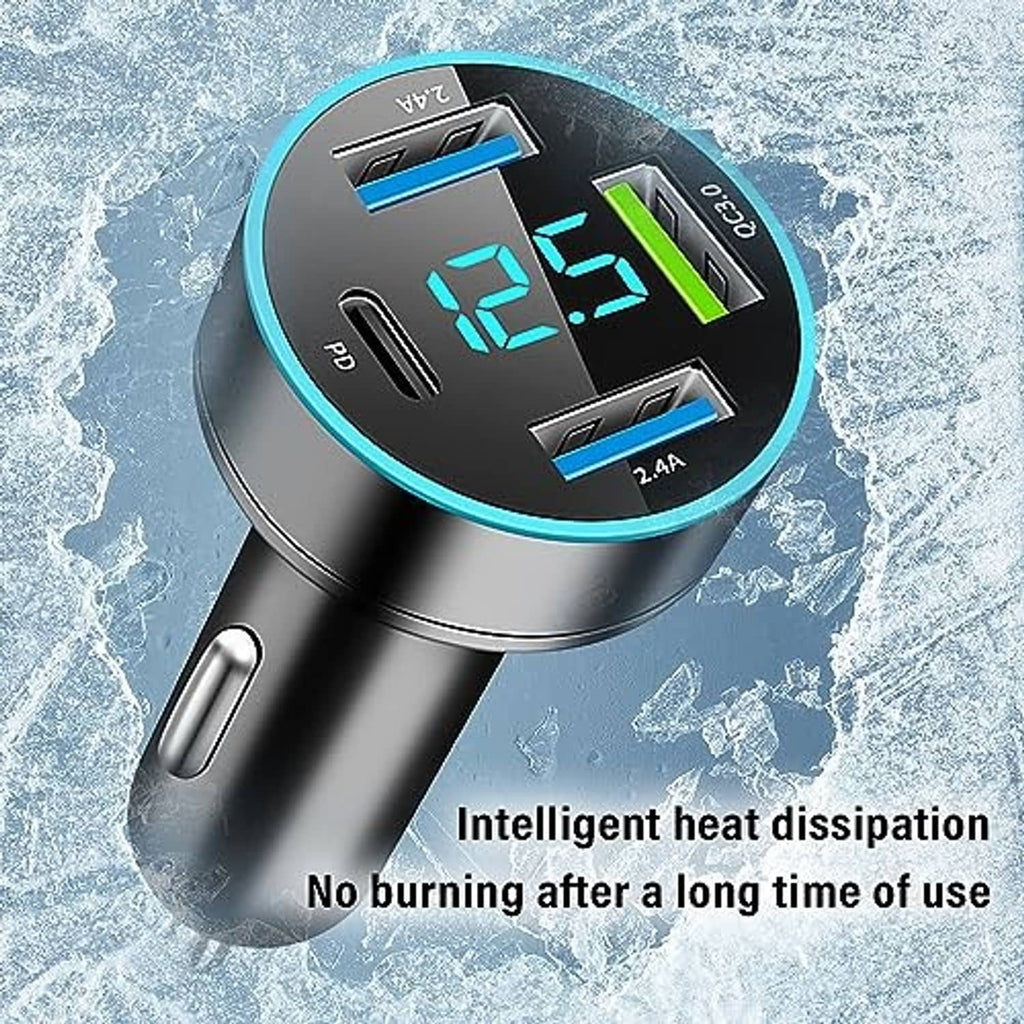 Black car charger with glowing LED display and cooling design vents
