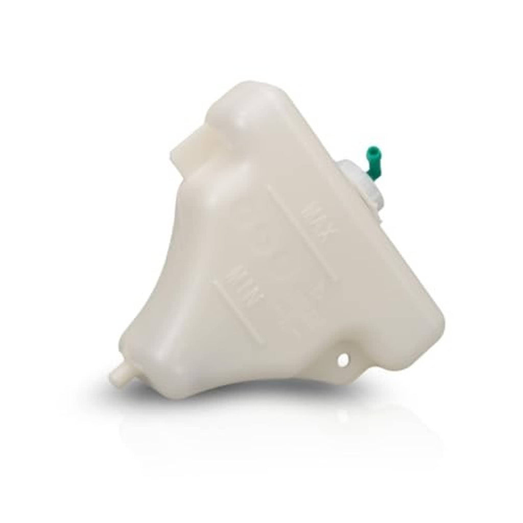 Off-white coolant reservoir with green cap fitting and small mounting hole