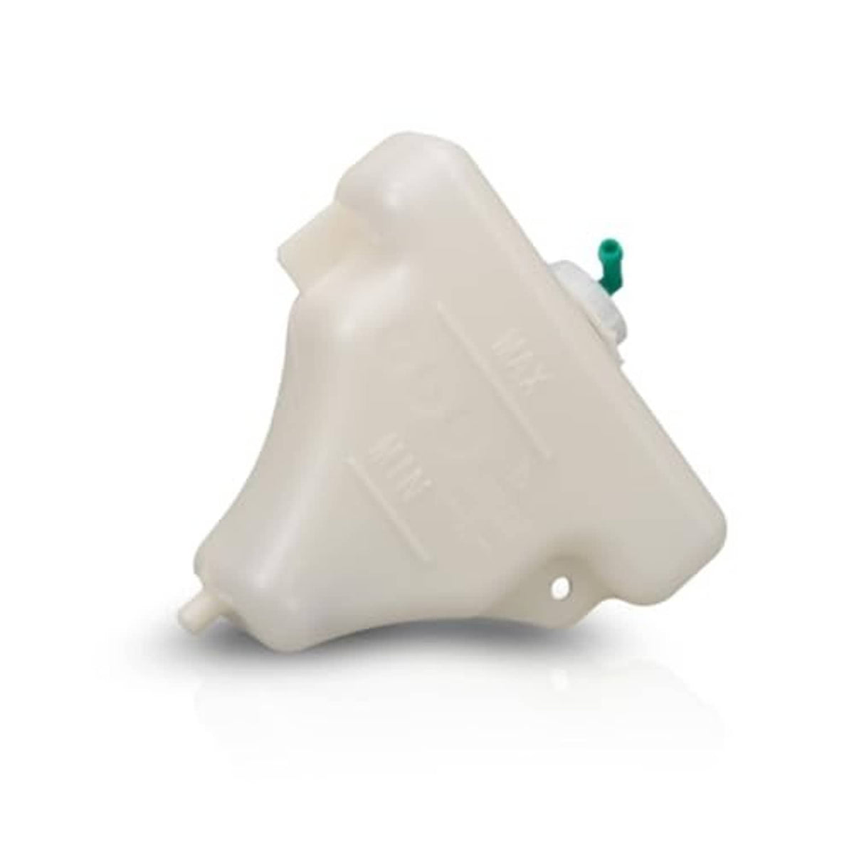 Off-white coolant reservoir with green cap fitting and small mounting hole
