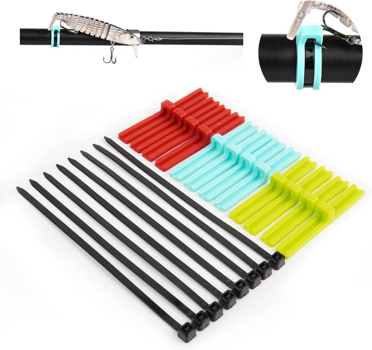 Set of silicone fishing hook keepers with multi-color strips and black zip ties