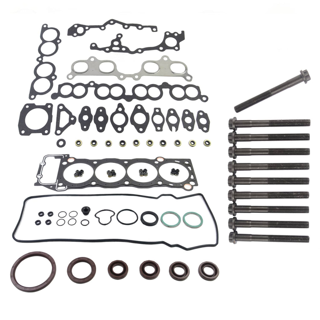 Engine head gasket set with bolts: gaskets, seals, and assorted bolts and washers.