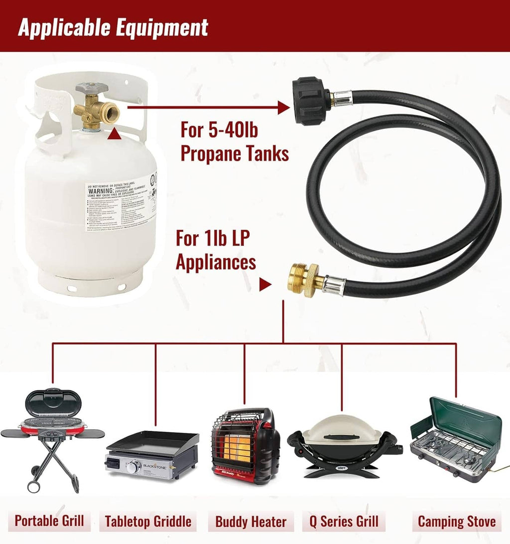 Black propane adapter hose with brass connectors for 1 lb LP and 20 lb tanks