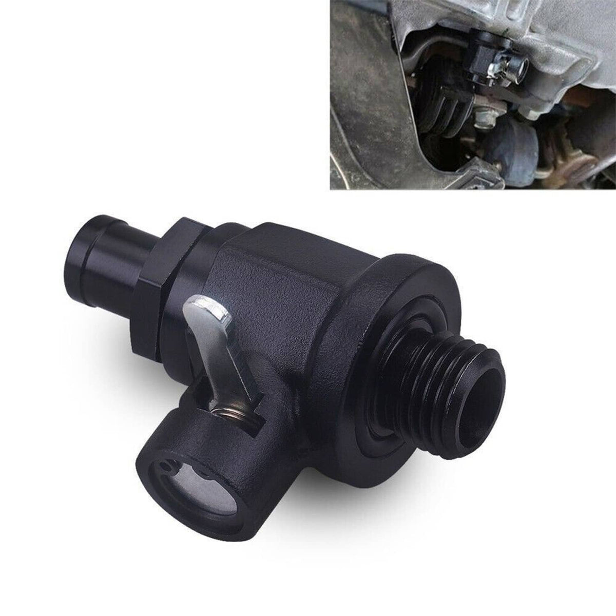 Black engine oil drain valve plug with threaded outlet and mounting tab