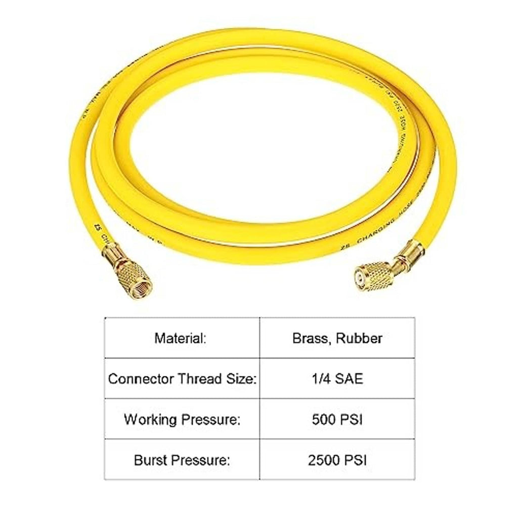 Refrigerant charging hose with brass-and-rubber build, 500 PSI working, 2500 PSI burst