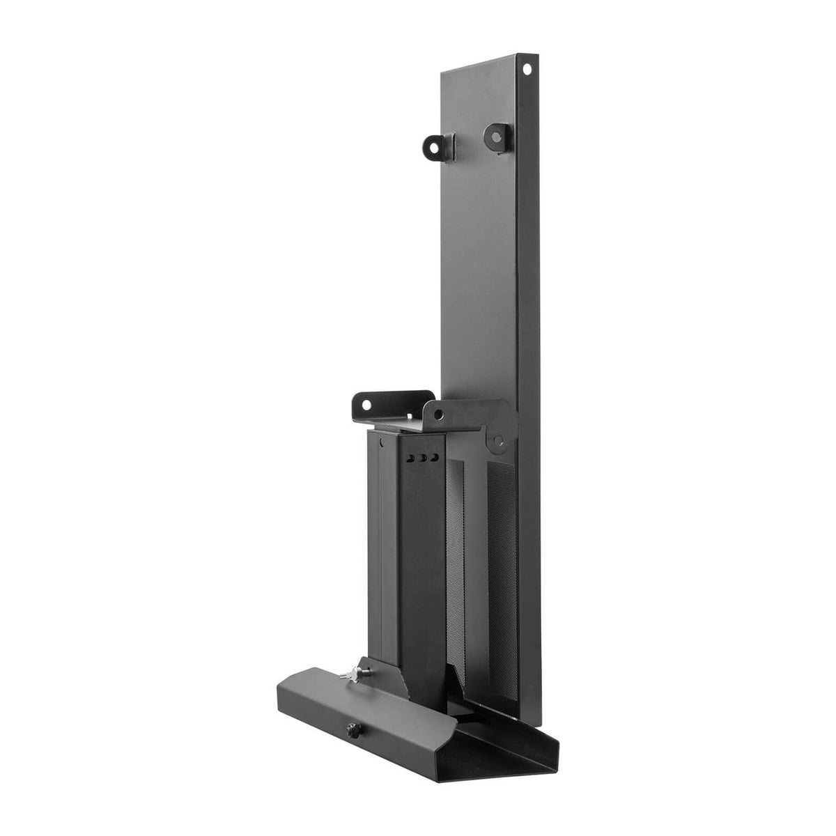 Dark gray metal ladder folding stabilizer bracket with flat base and mounting holes