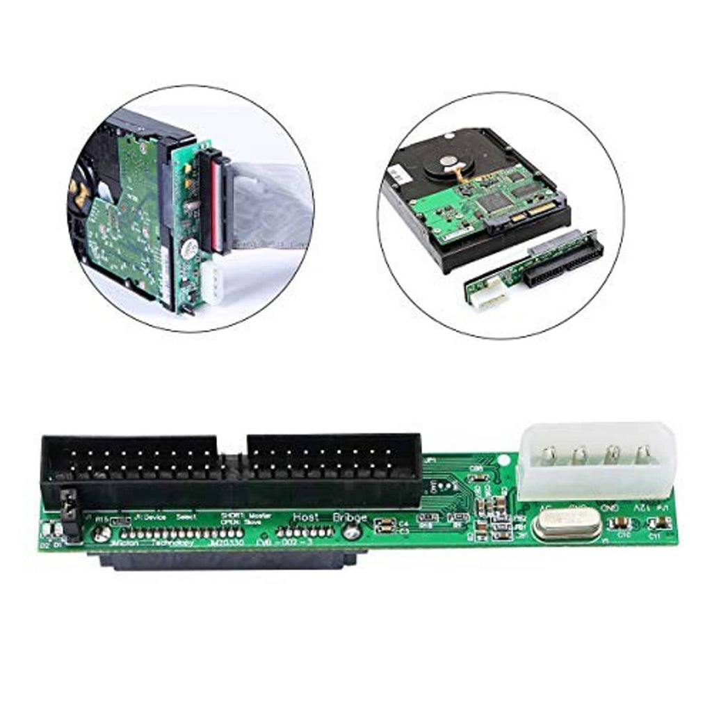 SATA to 40-pin IDE adapter board with white SATA plug and inset connector detail views