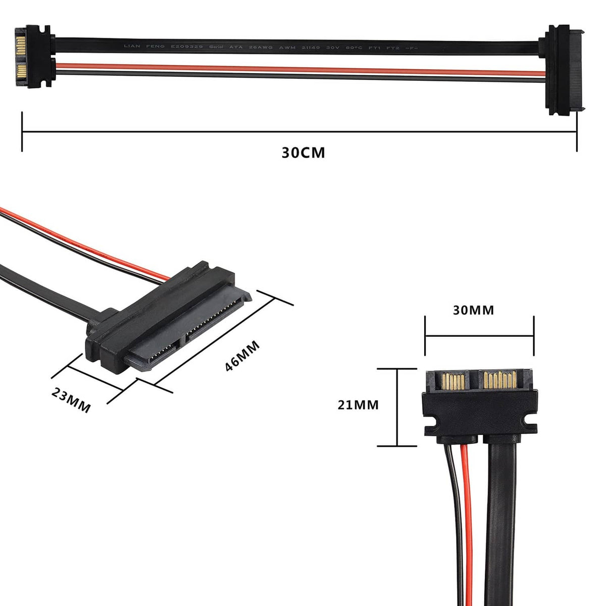 SATA extension cable layout with black connector ends and red/black wire bundle, 30cm