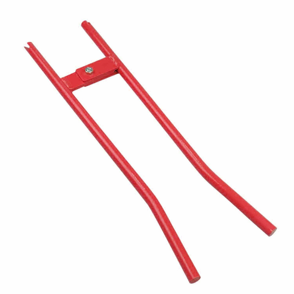 Red truck brake spring tool with two long arms and a cross brace