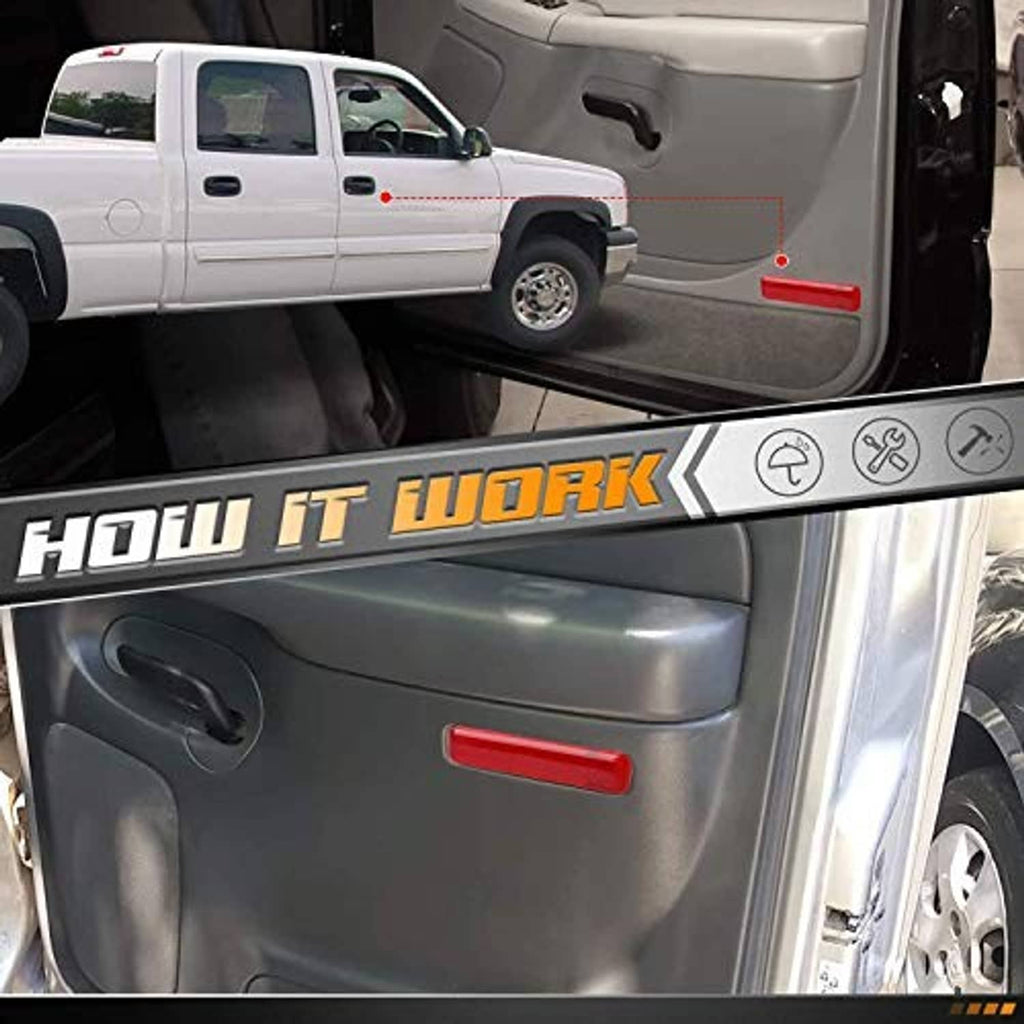 Red rear door reflector light cover trim panel on gray door panel, rectangular strip