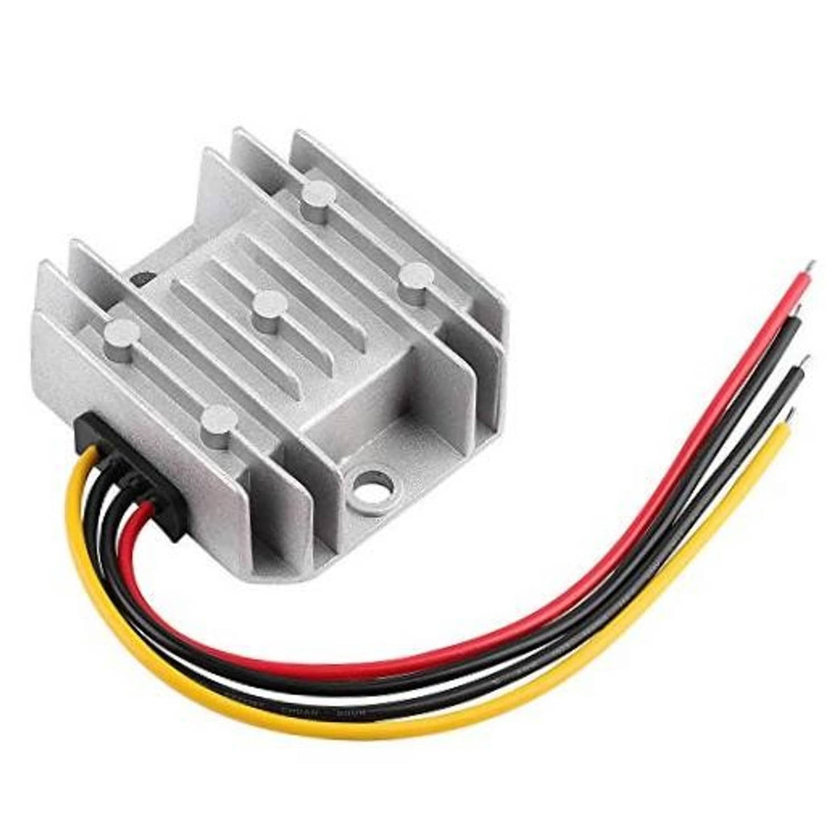 DC buck-boost voltage regulator module with aluminum heatsink and red, black, yellow wires