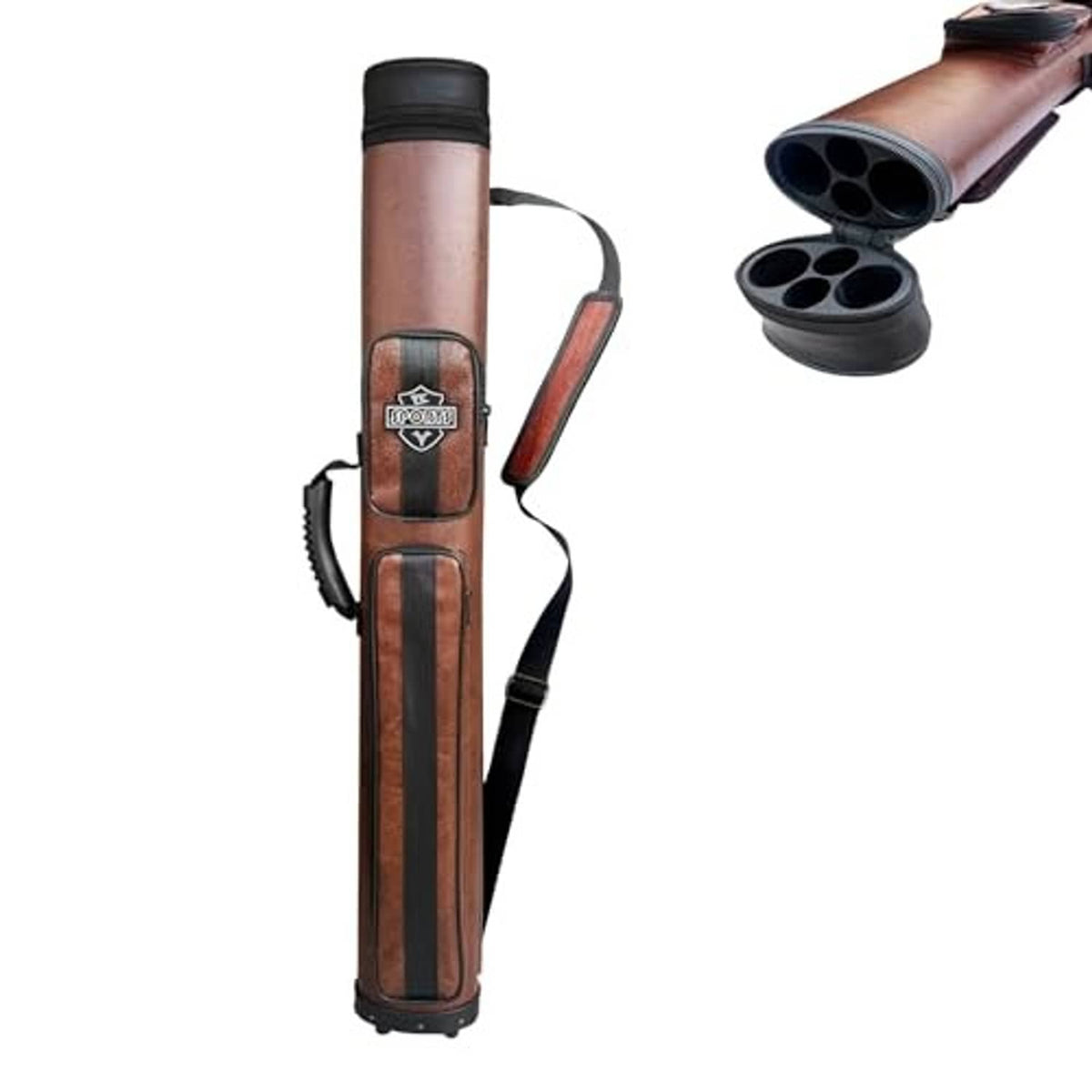 Brown oval pool cue case showing end holder openings and black carry strap