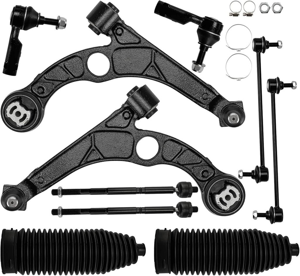 Front suspension control arm and tie rod kit with black rubber boots and hardware