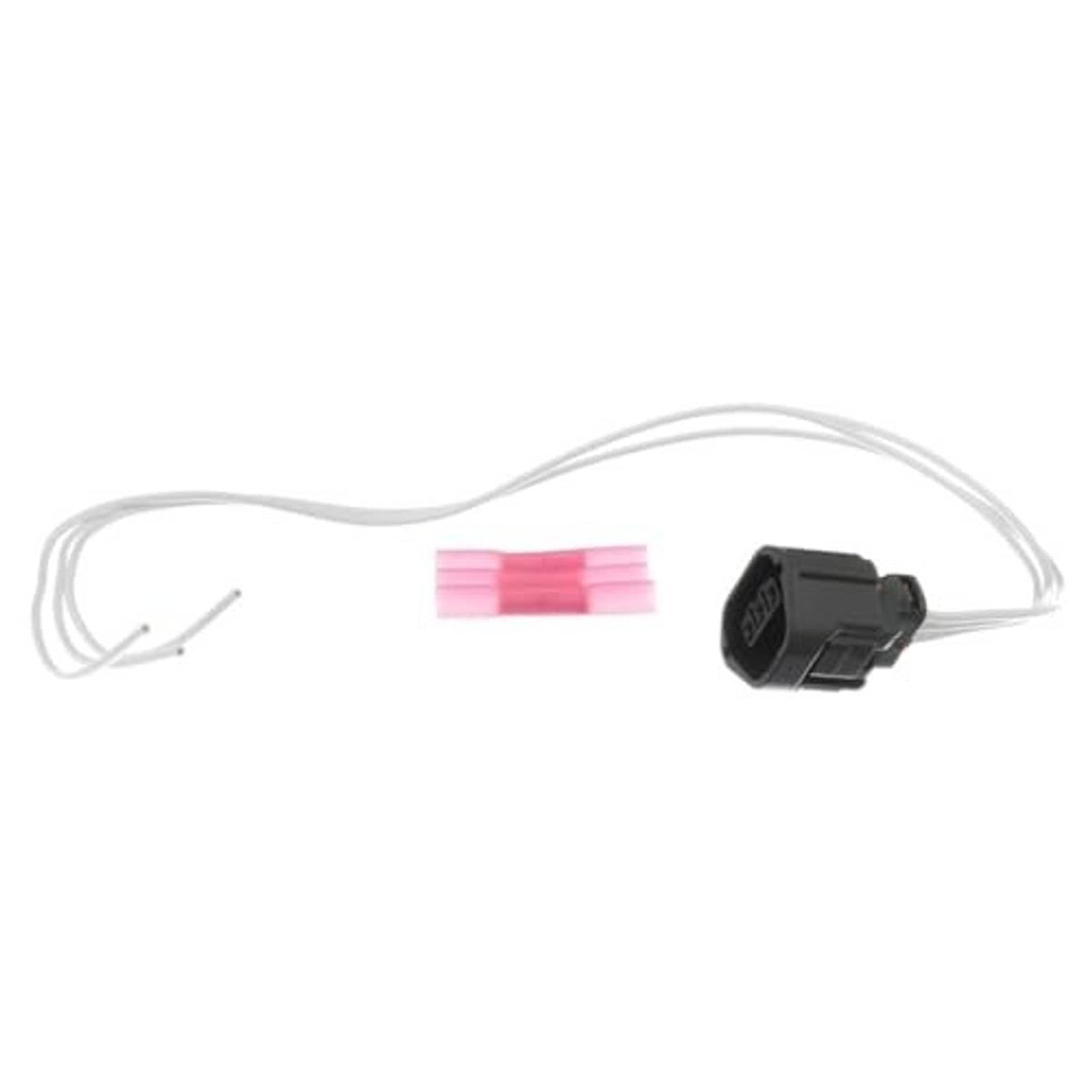 Camshaft position sensor wiring harness lead with black connector and pink splice sleeves
