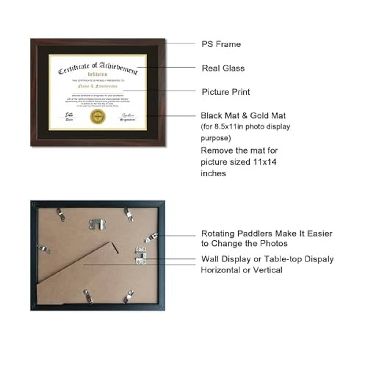 Walnut certificate frame with real glass and black mat backing, plus mounting diagram
