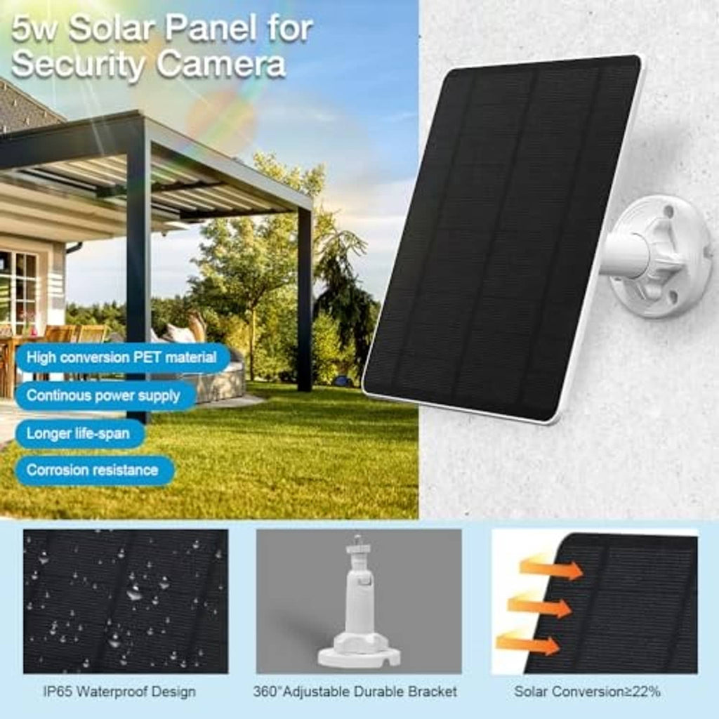Black solar panel with white adjustable bracket for security camera charging