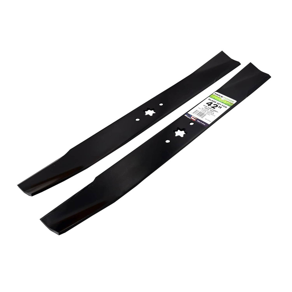 Two black mower blades side by side with 6-point star cutouts