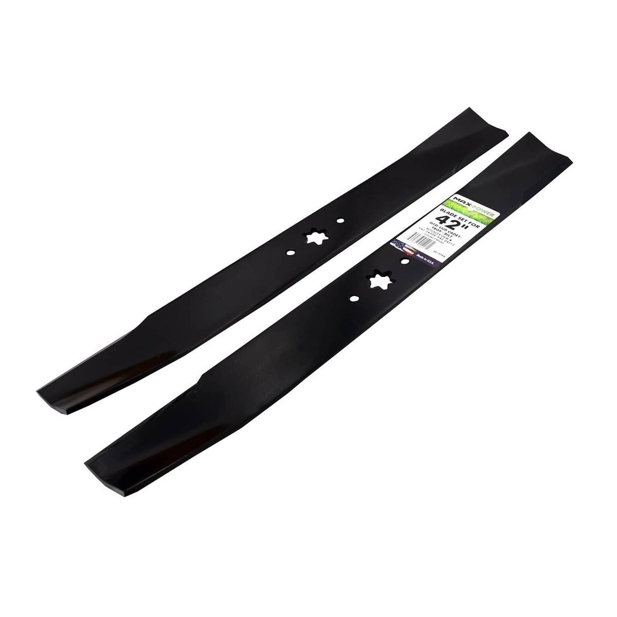 Two black mower blades side by side with 6-point star cutouts