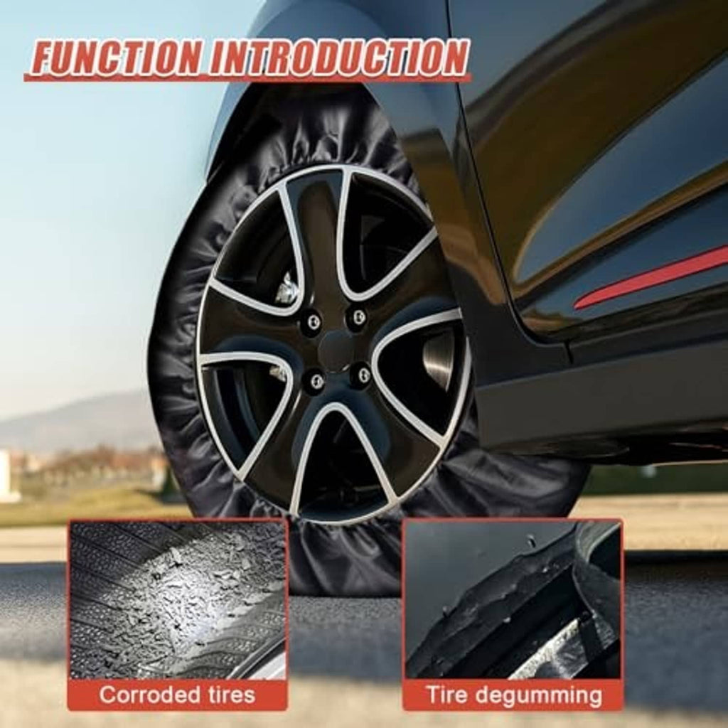 Black wheel cover with orange trim over a car tire, protecting the wheel face