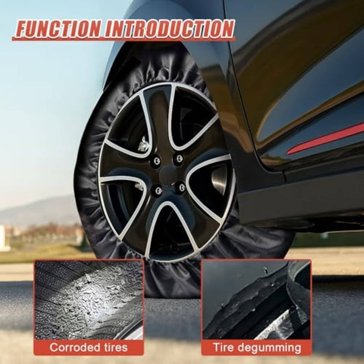 Black wheel cover with orange trim over a car tire, protecting the wheel face