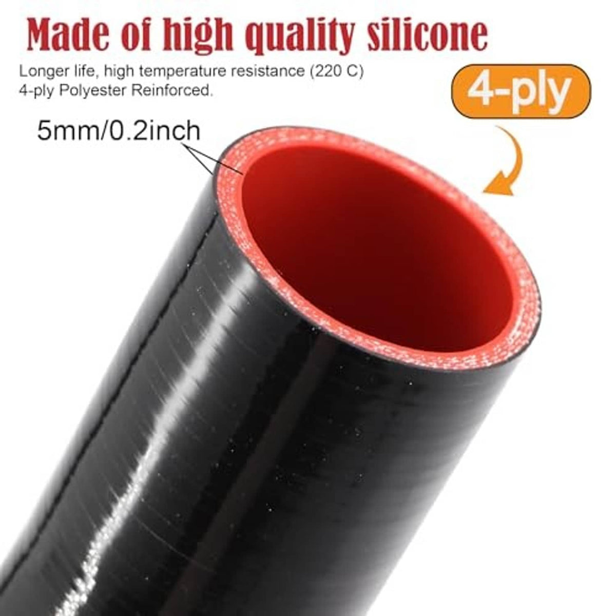 Black 45° silicone hose elbow reducer with red inner wall and reinforced 4-ply construction
