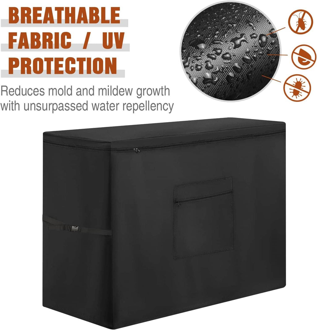 Black chest freezer cover with front storage pocket and zip closure, water-repellent fabric.