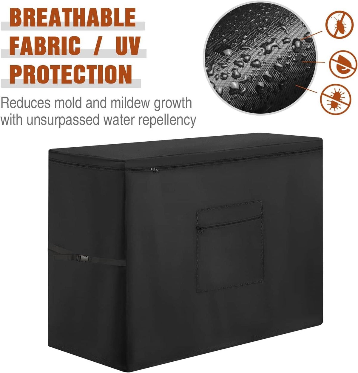 Black chest freezer cover with front storage pocket and zip closure, water-repellent fabric.