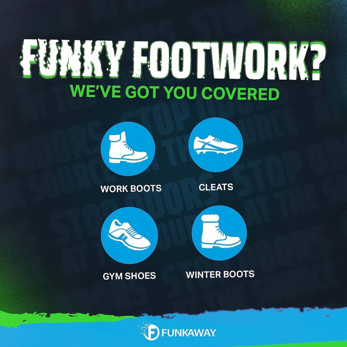 Shoe odor eliminator infographic with icons for work boots, cleats, gym shoes, winter boots