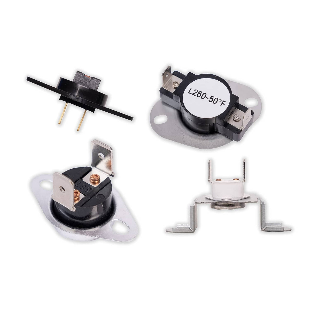 Dryer thermostat and thermal fuse set with metal bracket and two-pin terminals